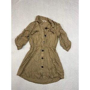 Indulge In Style Tan Khaki Button Down Utility Shirt Dress Roll Tab Sleeve S
